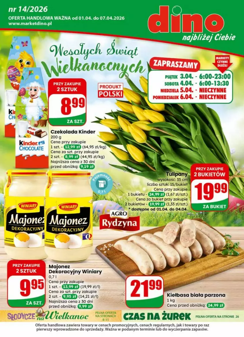 Gazetka promocyjna Dino - ważna 01.04 do 07.04.2026 - strona 1 - produkty: Bukiet, Czekolada, Kiełbasa, Kiełbasa biała, Kinder, Winiary