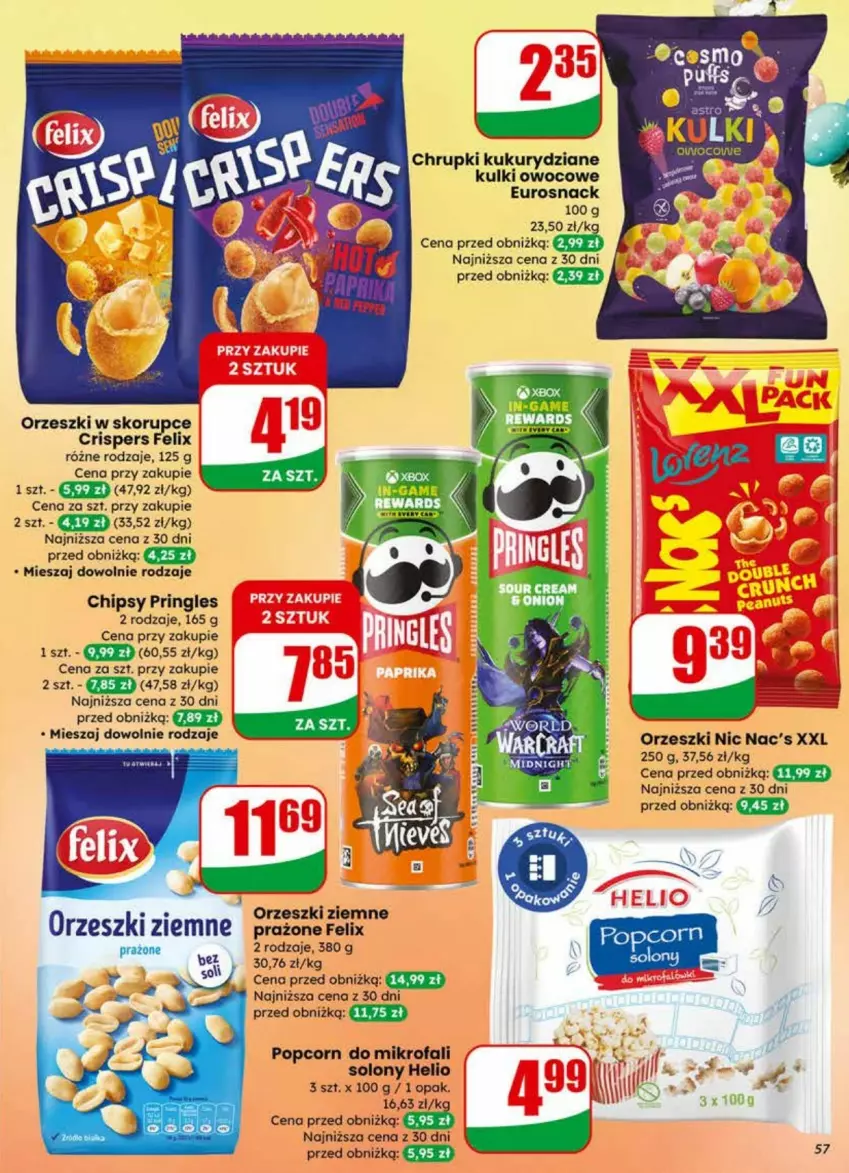Gazetka promocyjna Dino - ważna 01.04 do 07.04.2026 - strona 53 - produkty: Chipsy, Chrupki, Fa, Felix, Helio, Orzeszki, Orzeszki w skorupce, Orzeszki ziemne, Popcorn, Pringles
