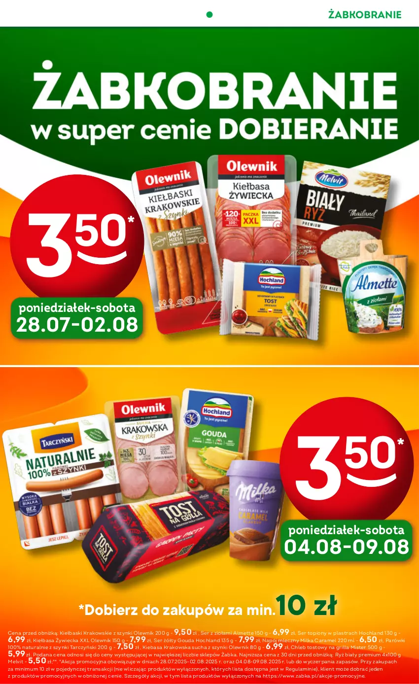Gazetka promocyjna Żabka - ważna 30.07 do 12.08.2025 - strona 64 - produkty: Almette, Chleb, Chleb tostowy, Gouda, Grill, Hochland, Kiełbasa, Melvit, Milka, Napój, Napój mleczny, Olewnik, Parówki, Ryż, Ryż biały, Ser, Ser topiony, Tarczyński, Top, Tran