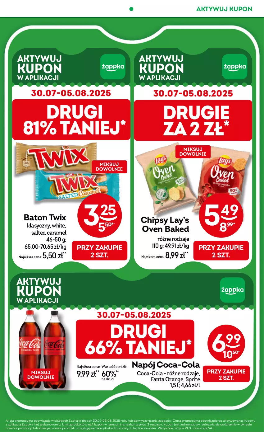 Gazetka promocyjna Żabka - ważna 30.07 do 12.08.2025 - strona 8 - produkty: Baton, Chipsy, Coca-Cola, Fa, Fanta, Lay’s, Napój, Rama, Sprite, Tran, Twix