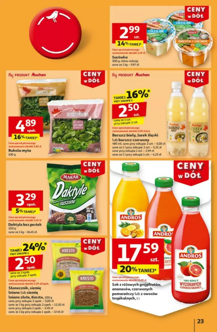 Gazetka promocyjna Auchan - ważna 09.01 do 15.01.2025 - strona 18 - produkty: Ananas, Daktyle, Grejpfrut, LG, Rukola, Sok, Stek, Surówka