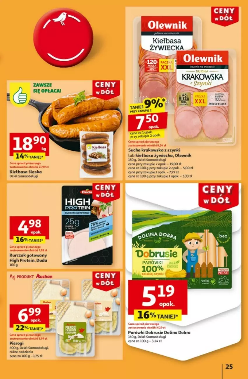 Gazetka promocyjna Auchan - ważna 09.01 do 15.01.2025 - strona 20 - produkty: Duda, Kiełbasa, Kiełbasa śląska, Kurczak, Kurczak gotowany, Obrus, Olewnik, Parówki, Pierogi