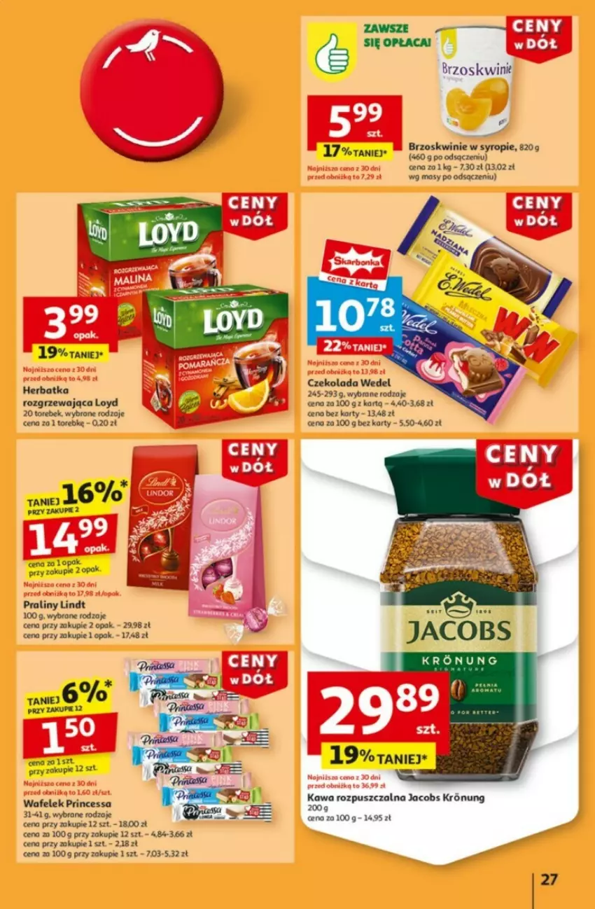 Gazetka promocyjna Auchan - ważna 09.01 do 15.01.2025 - strona 22 - produkty: Brzoskwinie, Czekolada, Jacobs, Kawa, Kawa rozpuszczalna, Lindt, Loyd, Praliny, Princessa, Syrop, Wafelek