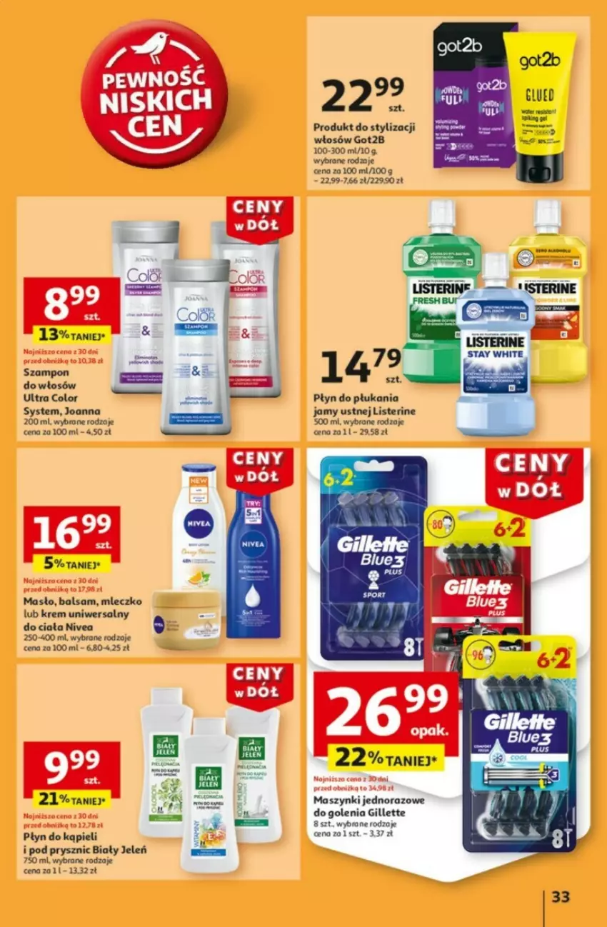 Gazetka promocyjna Auchan - ważna 09.01 do 15.01.2025 - strona 29 - produkty: Biały Jeleń, Gillette, Got2b, Joanna, Krem uniwersalny, Listerine, Masło, Mleczko, Nivea, Płyn do kąpieli, Płyn do płukania, Płyn do płukania jamy ustnej, Szampon