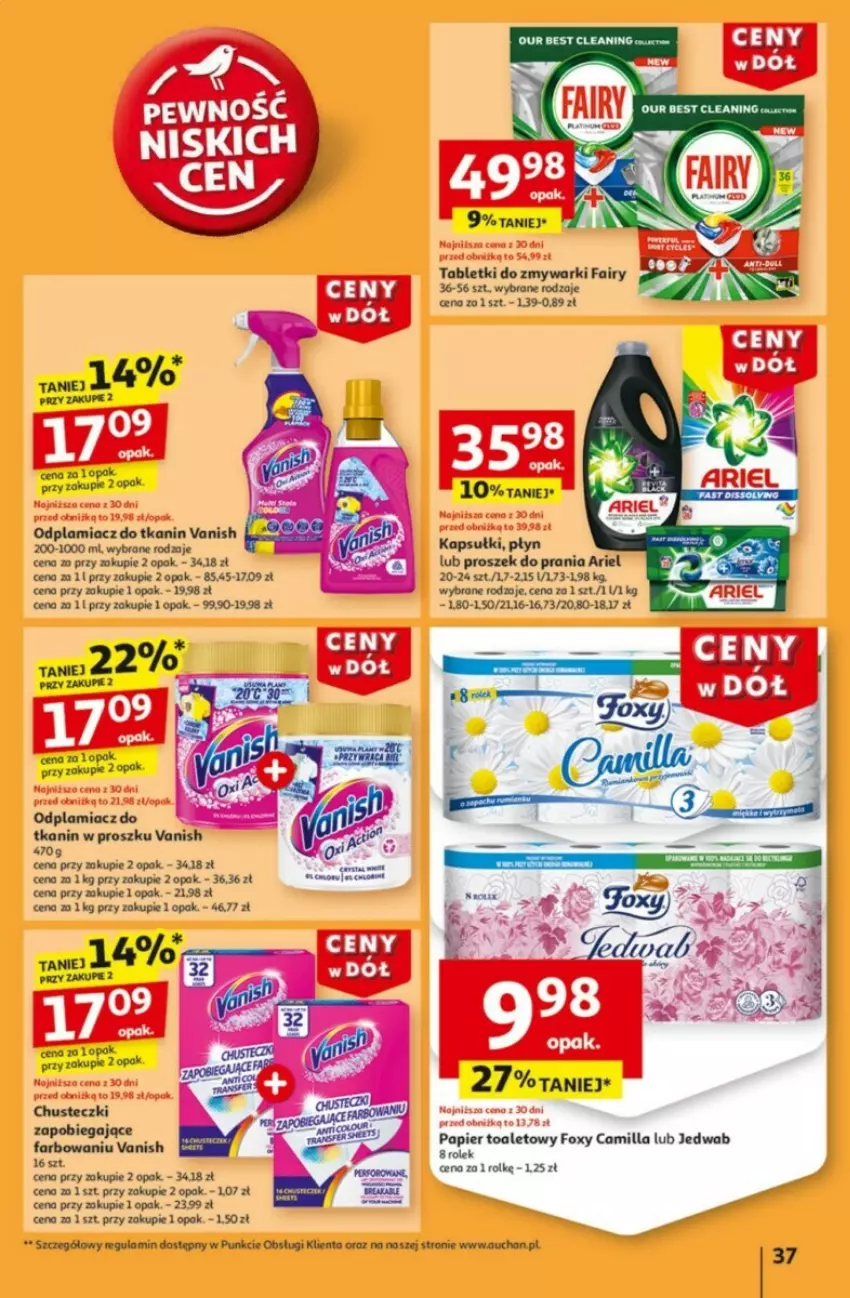 Gazetka promocyjna Auchan - ważna 09.01 do 15.01.2025 - strona 33 - produkty: Ariel, Chusteczki, Fa, Fairy, Foxy, Odplamiacz, Proszek do prania, Tablet, Tabletki do zmywarki, Vanish, Zmywarki