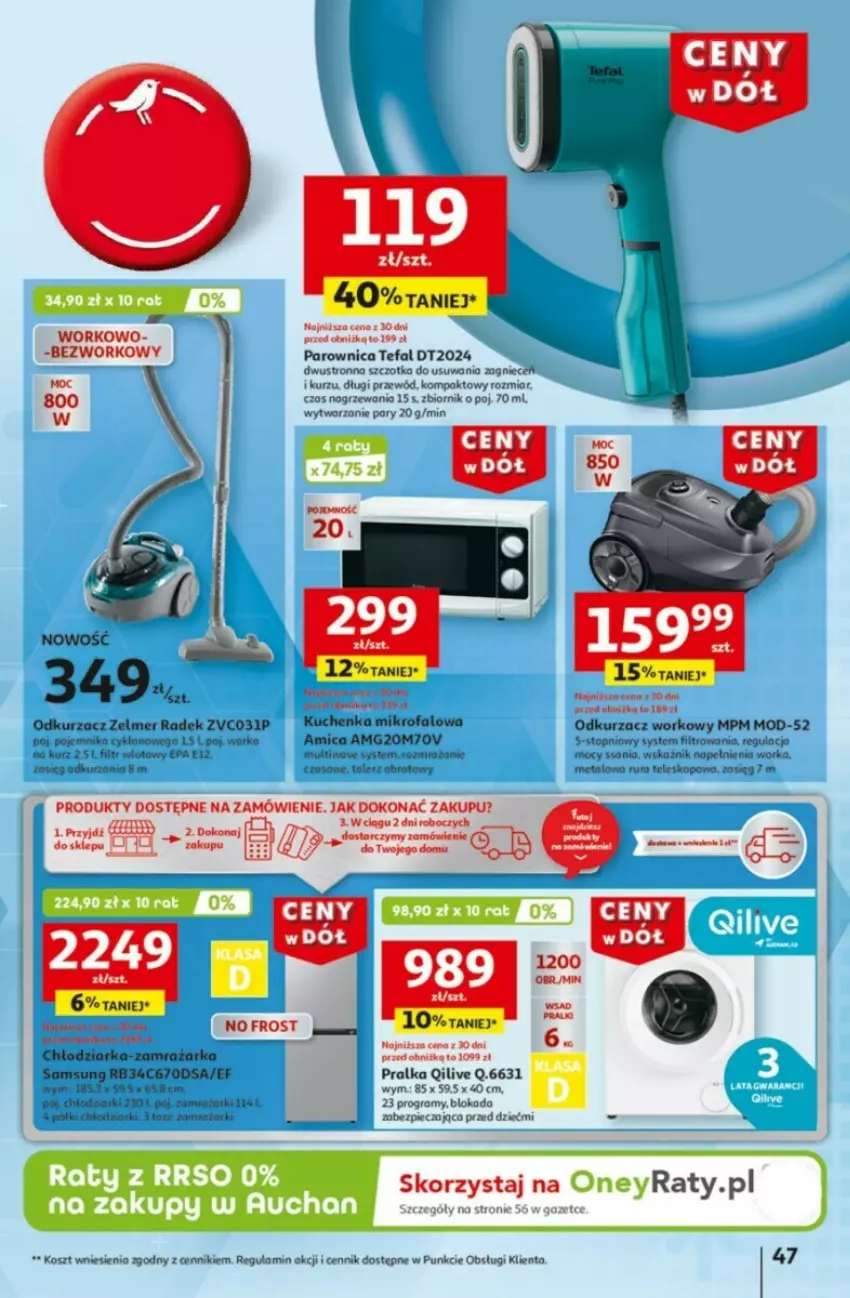 Gazetka promocyjna Auchan - ważna 09.01 do 15.01.2025 - strona 51 - produkty: Amica, Chłodziarka, Fa, Gra, Kosz, Kuchenka mikrofalowa, Odkurzacz, Orka, Parownica, Piec, Pojemnik, Por, Pralka, Przewód, Rura, Szczotka, Talerz, Tefal, Teleskop, Top, Zelmer