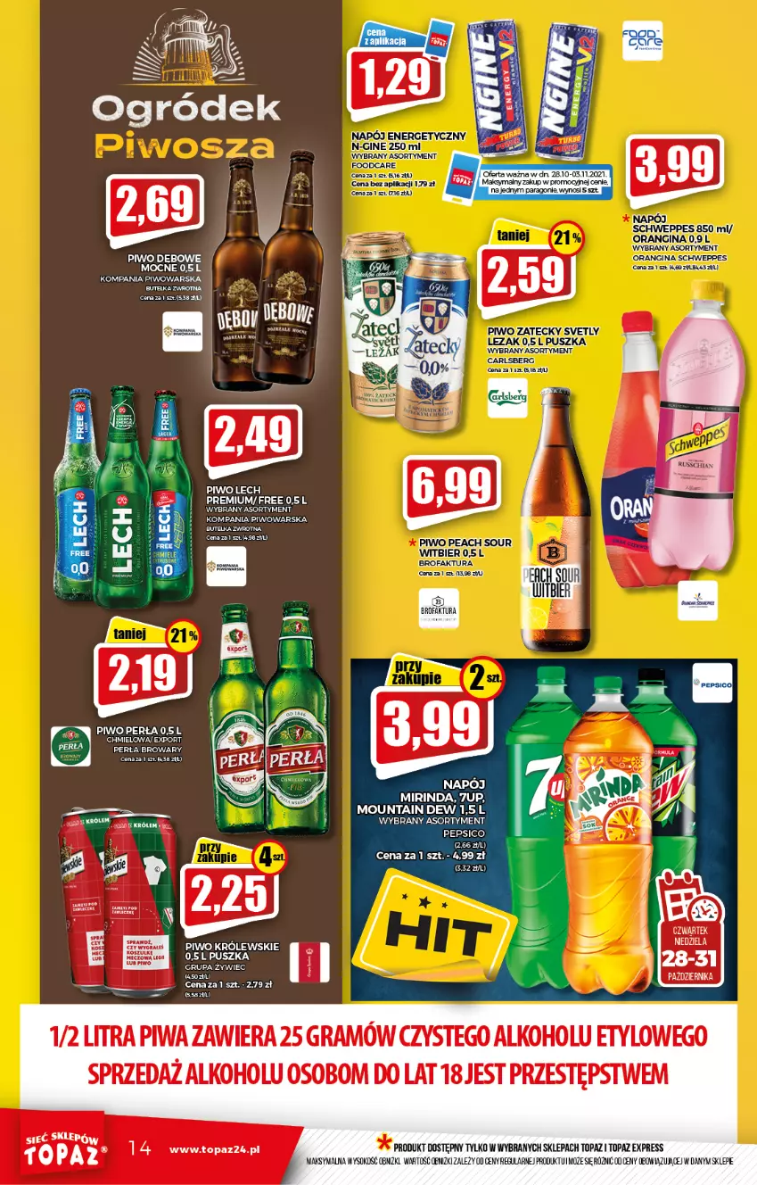 Gazetka promocyjna Topaz - Gazetka - ważna 28.10 do 03.11.2021 - strona 14 - produkty: 7up, Carlsberg, Gra, Mirinda, Napój, Ogród, Pepsi, Perła, Piwa, Piwo, Por, Schweppes, Sok, Top