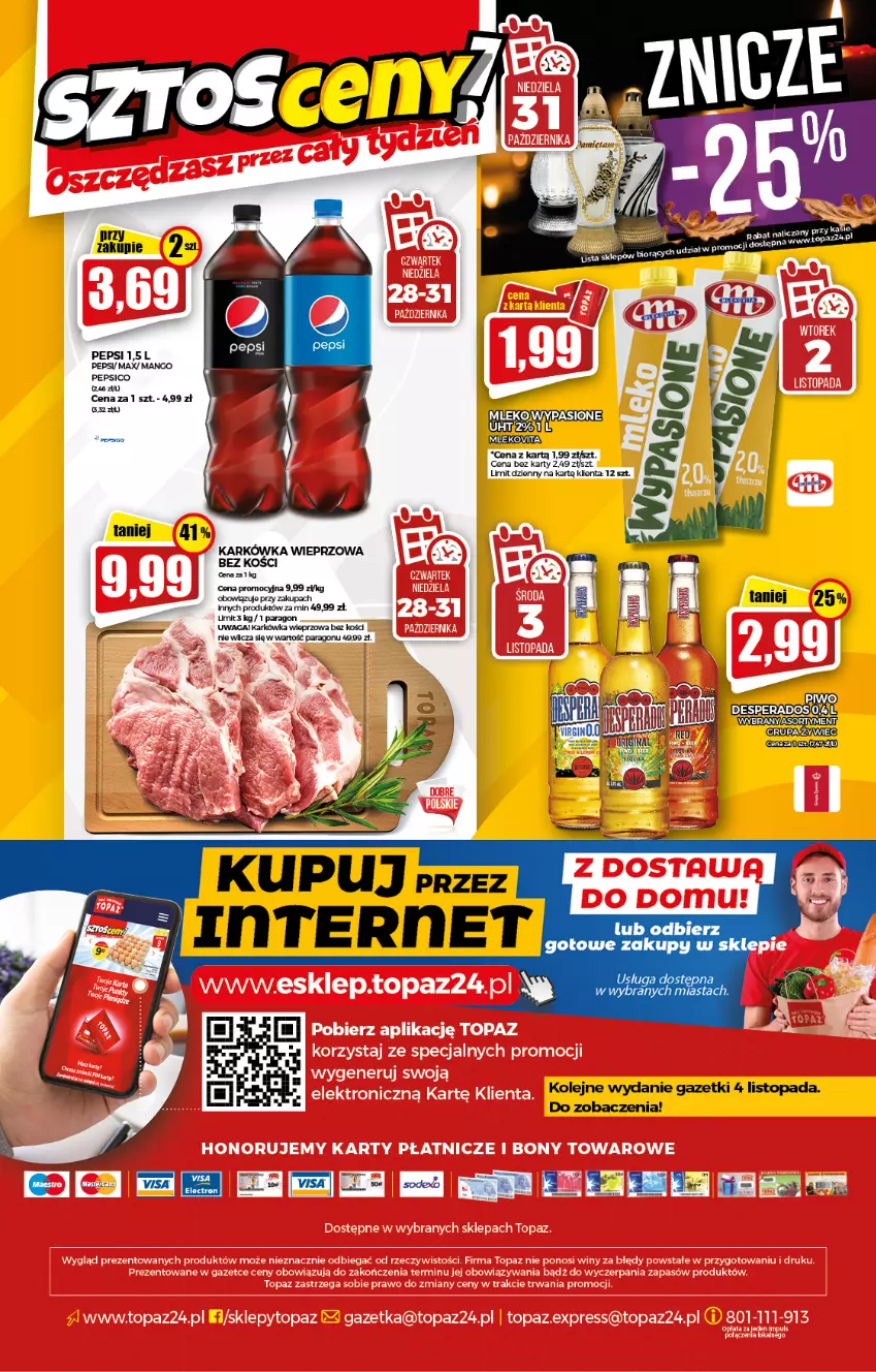 Gazetka promocyjna Topaz - Gazetka - ważna 28.10 do 03.11.2021 - strona 20 - produkty: Desperados, Karkówka wieprzowa, Mango, Olej, Pepsi, Piwo, Top