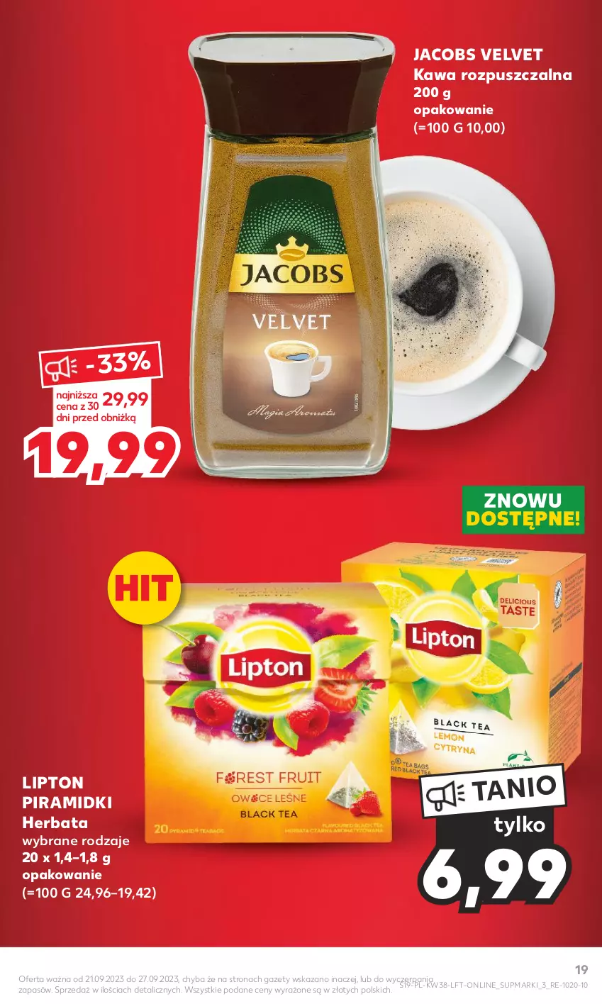 Gazetka promocyjna Kaufland - Gazetka tygodnia - ważna 21.09 do 27.09.2023 - strona 19 - produkty: Herbata, Jacobs, Jacobs Velvet, Kawa, Kawa rozpuszczalna, Lipton, Velvet