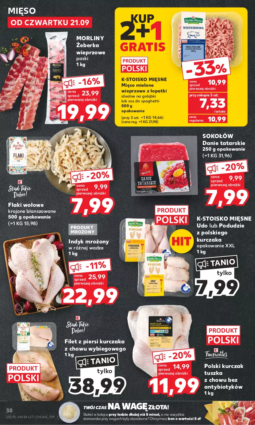 Gazetka promocyjna Kaufland - Gazetka tygodnia - ważna 21.09 do 27.09.2023 - strona 30 - produkty: Filet z piersi kurczaka, Flaki, Flaki wołowe, Gra, Kurczak, Mięso, Mięso mielone, Morliny, Olej, Sok, Sokołów, Sos, Spaghetti, Tusz, Waga