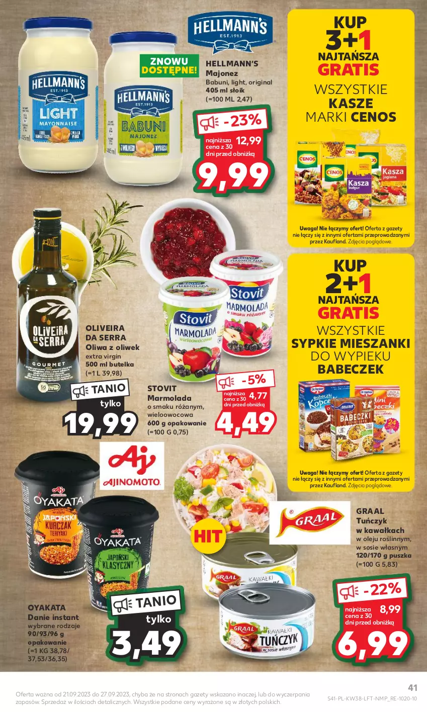 Gazetka promocyjna Kaufland - Gazetka tygodnia - ważna 21.09 do 27.09.2023 - strona 41 - produkty: Babuni, Cenos, Gin, Gra, Graal, Hellmann’s, Kawa, Majonez, Marmolada, Mola, Olej, Oliwa, Oliwa z oliwek, Róża, Ser, Sos, Tuńczyk, Waga