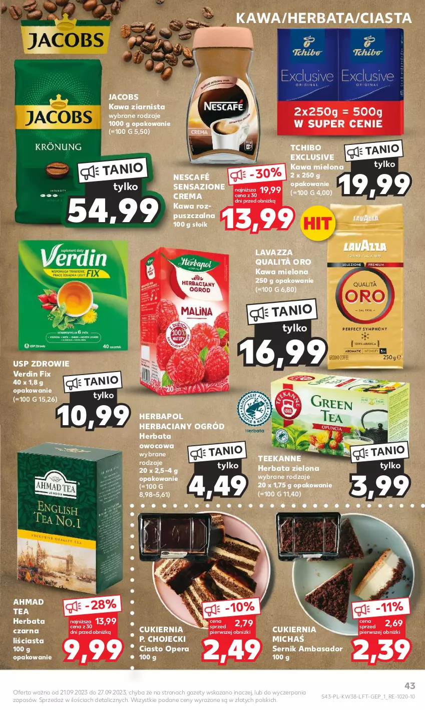 Gazetka promocyjna Kaufland - Gazetka tygodnia - ważna 21.09 do 27.09.2023 - strona 43 - produkty: Cukier, Herbapol, Herbata, Herbata czarna, Herbata owocowa, Jacobs, Kawa, Kawa mielona, Kawa rozpuszczalna, Kawa ziarnista, Lavazza, Nescafé, Ogród, Ser, Tchibo, Teekanne, Zdrowie