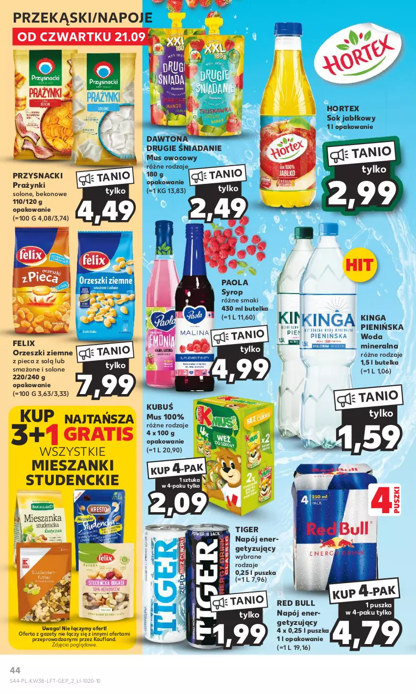 Gazetka promocyjna Kaufland - Gazetka tygodnia - ważna 21.09 do 27.09.2023 - strona 44 - produkty: Beko, Dawtona, Felix, Gra, Hortex, Kubuś, Mus, Napój, Napoje, Orzeszki, Orzeszki ziemne, Paola, Piec, Przysnacki, Red Bull, Sok, Sok jabłkowy, Syrop, Tiger, Waga, Woda, Woda mineralna