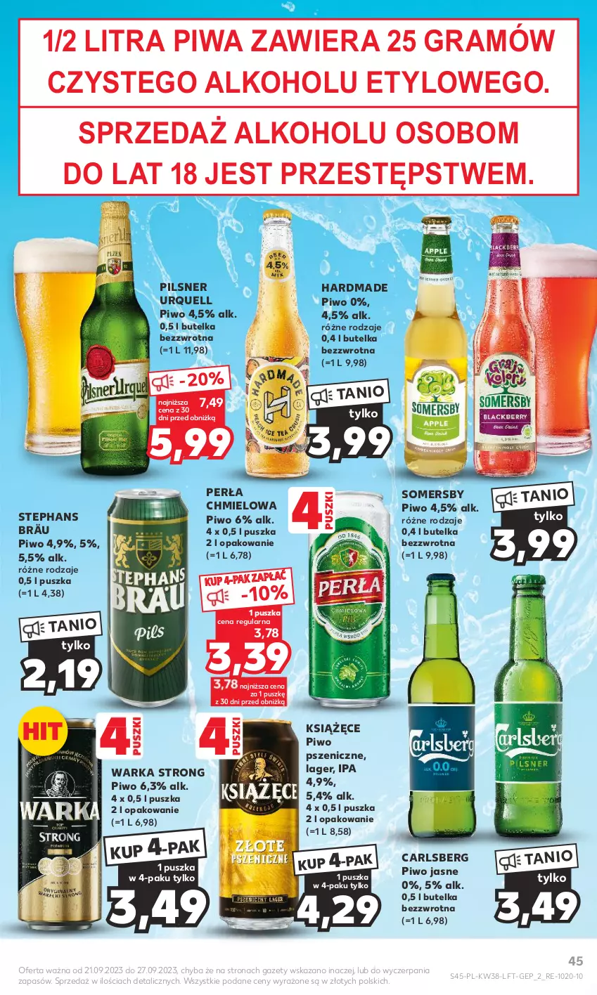 Gazetka promocyjna Kaufland - Gazetka tygodnia - ważna 21.09 do 27.09.2023 - strona 45 - produkty: Carlsberg, Gra, Książęce, Perła, Pilsner Urquell, Piwa, Piwo, Piwo jasne, Somersby, Warka