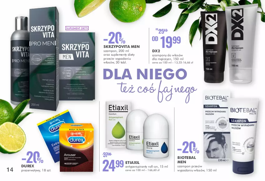 Gazetka promocyjna Super Pharm - Gazetka - ważna 24.06 do 14.07.2021 - strona 14 - produkty: Antyperspirant, BIOTEBAL, Durex, DX2, Etiaxil, Fa, Prezerwatyw, Suplement diety, Szampon