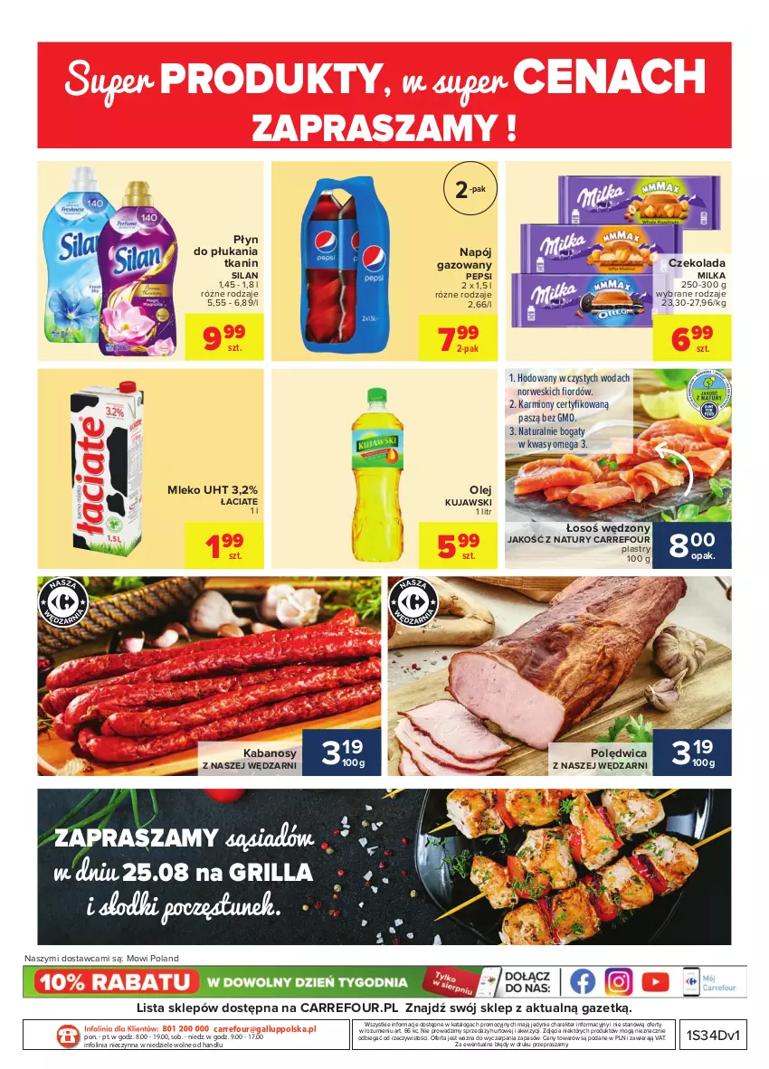 Gazetka promocyjna Carrefour - Gazetka Codzienne okazje, by kupować taniej - ważna 24.08 do 04.09.2021 - strona 2 - produkty: Czekolada, Grill, Kabanos, Karmi, Kujawski, Milka, Mleko, Napój, Napój gazowany, Olej, Pepsi, Płyn do płukania, Polędwica, Silan, Woda