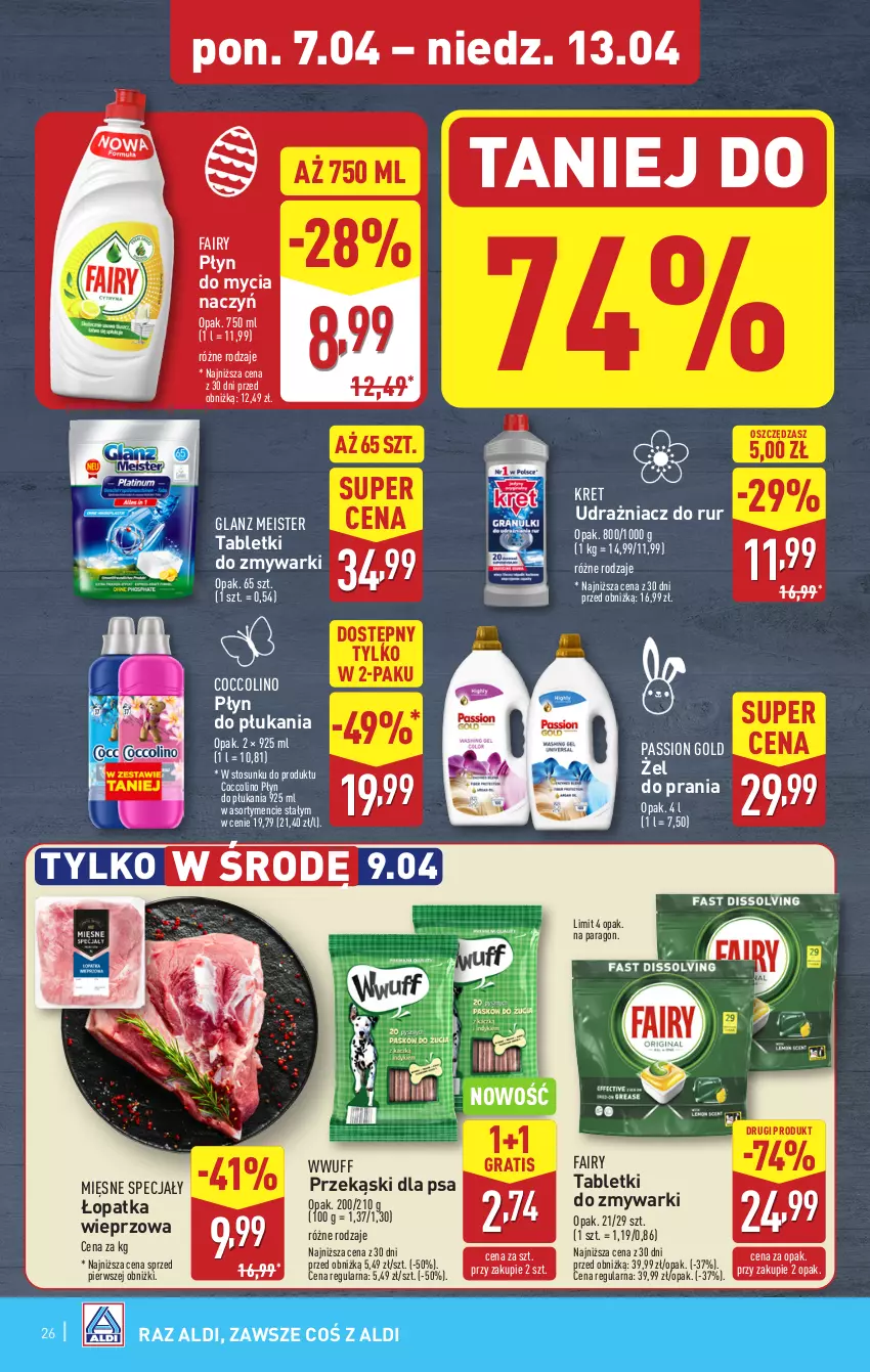 Gazetka promocyjna Aldi - Pełna oferta - ważna 07.04 do 13.04.2025 - strona 26 - produkty: Coccolino, Do mycia naczyń, Fa, Fairy, Gra, Kret, Mięsne specjały, Płyn do mycia, Płyn do mycia naczyń, Płyn do płukania, Przekąski dla psa, Tablet, Tabletki do zmywarki, Zmywarki