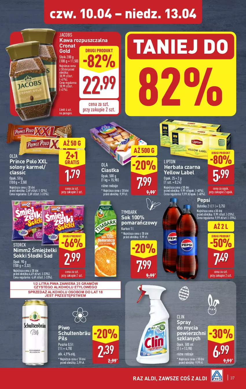 Gazetka promocyjna Aldi - Pełna oferta - ważna 07.04 do 13.04.2025 - strona 37 - produkty: Ciastka, Clin, Gra, Herbata, Herbata czarna, Jacobs, Kawa, Kawa rozpuszczalna, Lipton, Nimm2, Pepsi, Piwa, Piwo, Prince Polo, Sok, Tymbark