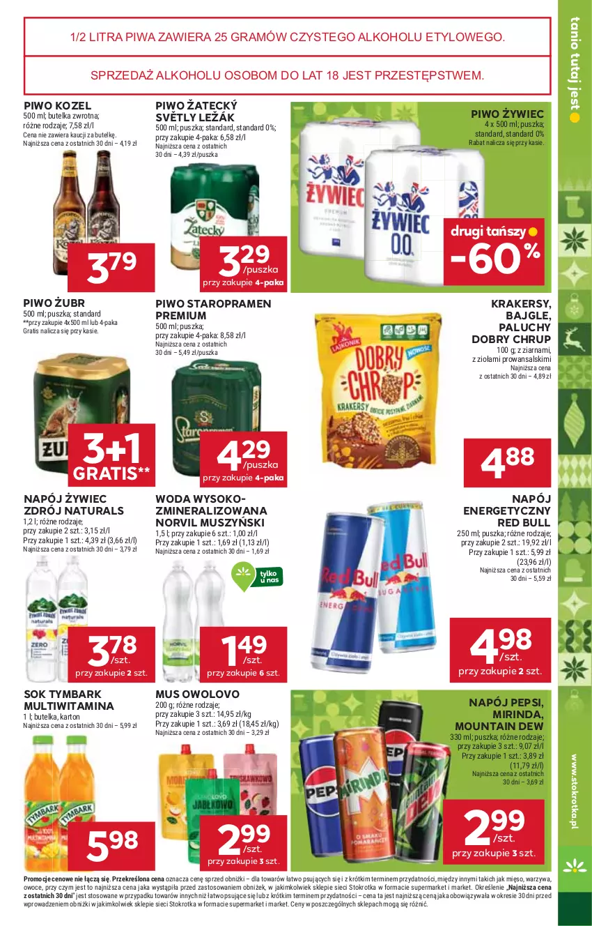Gazetka promocyjna Stokrotka - Market - ważna 13.11 do 19.11.2025 - strona 19 - produkty: Bajgle, Gra, Kozel, Krakersy, Mięso, Mirinda, Mus, Napój, Napój energetyczny, Owoce, Pepsi, Piwa, Piwo, Red Bull, Sok, Tymbark, Warzywa, Woda