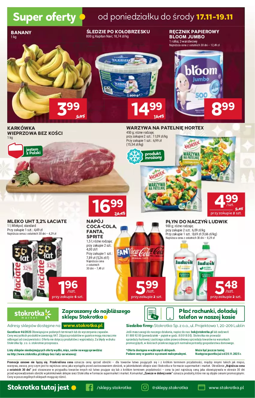 Gazetka promocyjna Stokrotka - Market - ważna 13.11 do 19.11.2025 - strona 26 - produkty: Banany, Coca-Cola, Dres, Fa, Fanta, Hortex, JBL, Karkówka wieprzowa, Ludwik, Mięso, Mleko, Napój, O nas, Owoce, Papier, Ręcznik, Ser, Sprite, Telefon, Wagi, Warzywa