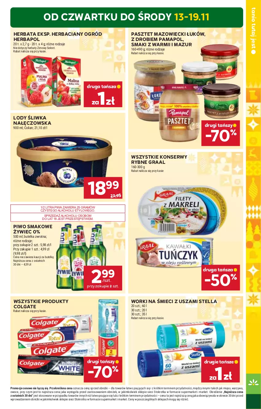 Gazetka promocyjna Stokrotka - Market - ważna 13.11 do 19.11.2025 - strona 3 - produkty: Colgate, Gra, Graal, Herbapol, Herbata, Kret, LG, Lody, Mięso, Ogród, Owoce, Pasztet, Piwa, Piwo, Ser, Warzywa, Worki na śmiec, Worki na śmieci