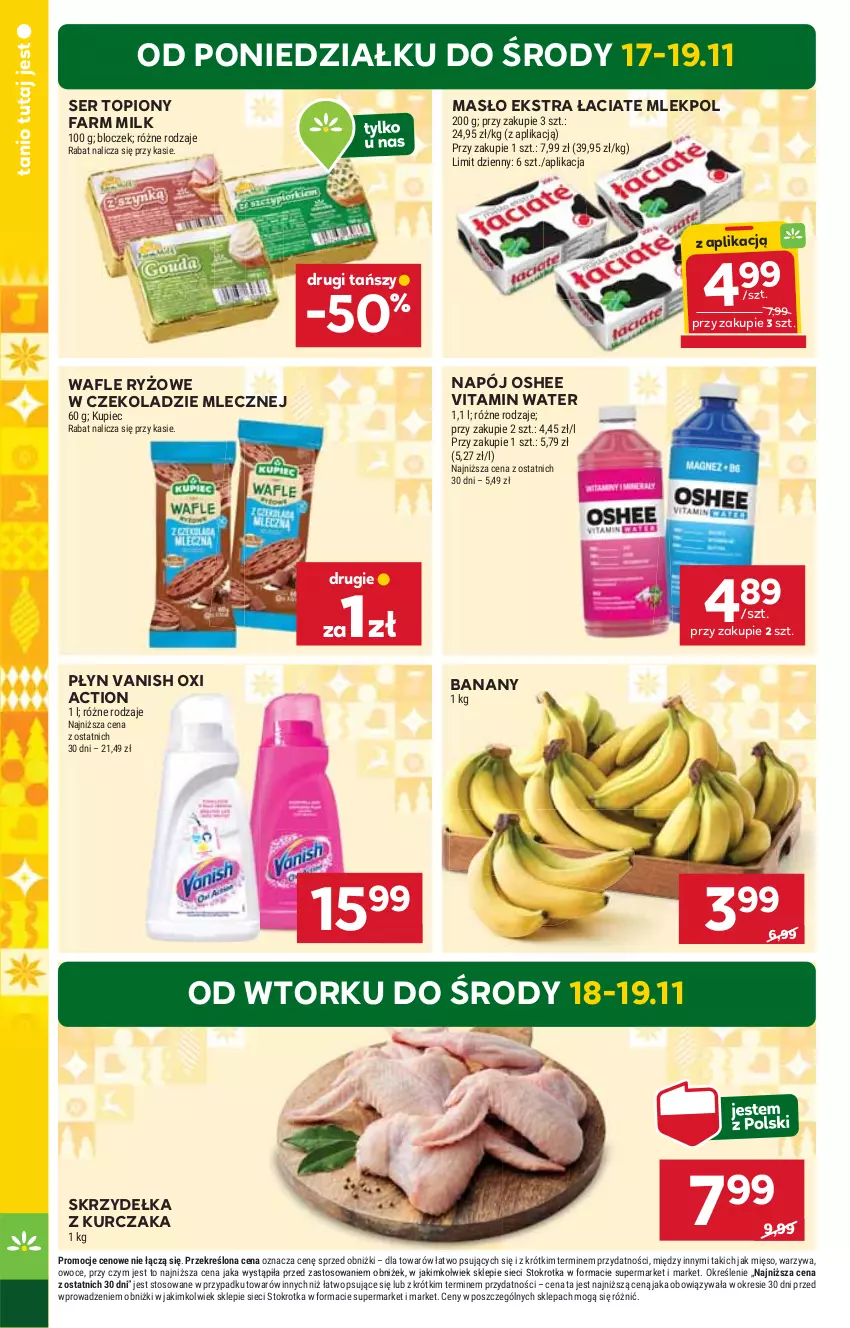 Gazetka promocyjna Stokrotka - Market - ważna 13.11 do 19.11.2025 - strona 4 - produkty: Banany, Fa, Farm Milk, Kupiec, Kurczak, Masło, Mięso, Napój, Oshee, Owoce, Piec, Ryż, Ser, Ser topiony, Skrzydełka z kurczaka, Top, Vanish, Wafle, Warzywa