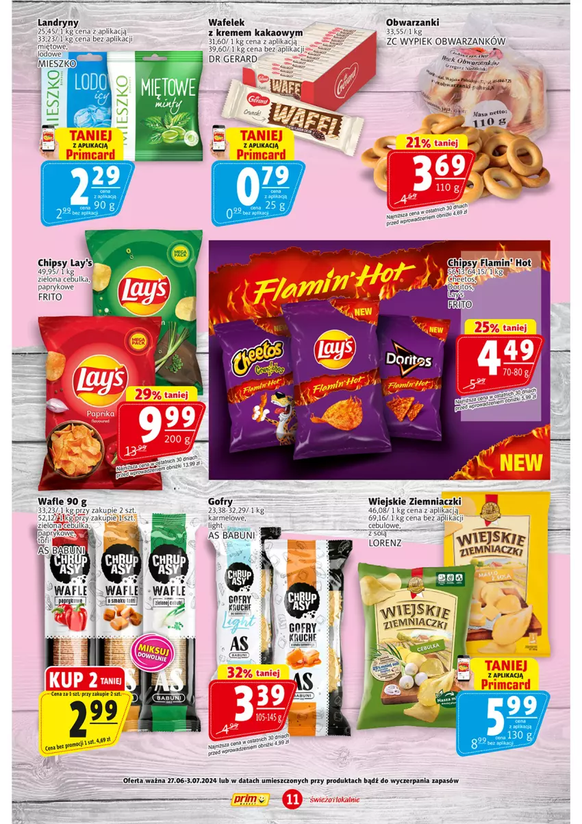 Gazetka promocyjna Prim Market - ważna 27.06 do 03.07.2024 - strona 11 - produkty: Babuni, Cheetos, Chipsy, Dr Gerard, Fa, Gofry, Kakao, Wafelek, Wafle