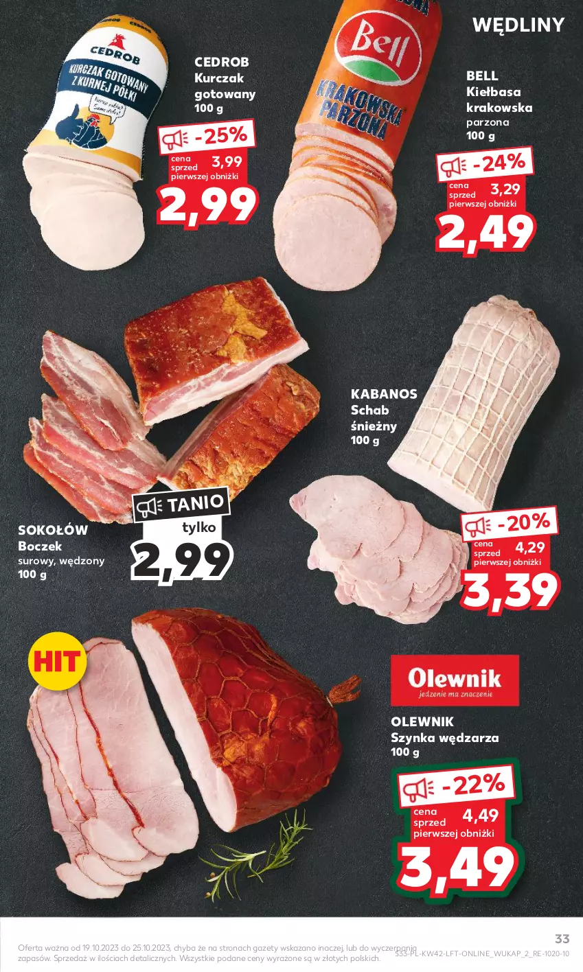 Gazetka promocyjna Kaufland - Gazetka tygodnia - ważna 19.10 do 25.10.2023 - strona 33 - produkty: Bell, Boczek, Kabanos, Kiełbasa, Kiełbasa krakowska, Kurczak, Kurczak gotowany, Olewnik, Sok, Sokołów, Szynka