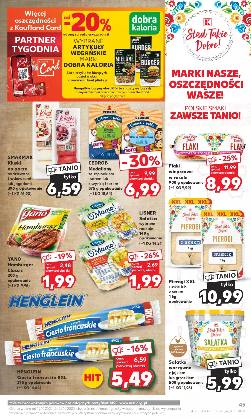 Gazetka promocyjna Kaufland - Gazetka tygodnia - ważna 19.10 do 25.10.2023 - strona 45 - produkty: Burger, Ciasto francuskie, Flaki, Hamburger, Kluski na parze, Lion, Lisner, Pierogi, Sałat, Sałatka, Sałatka warzywna, Ser, Szpinak, Waga