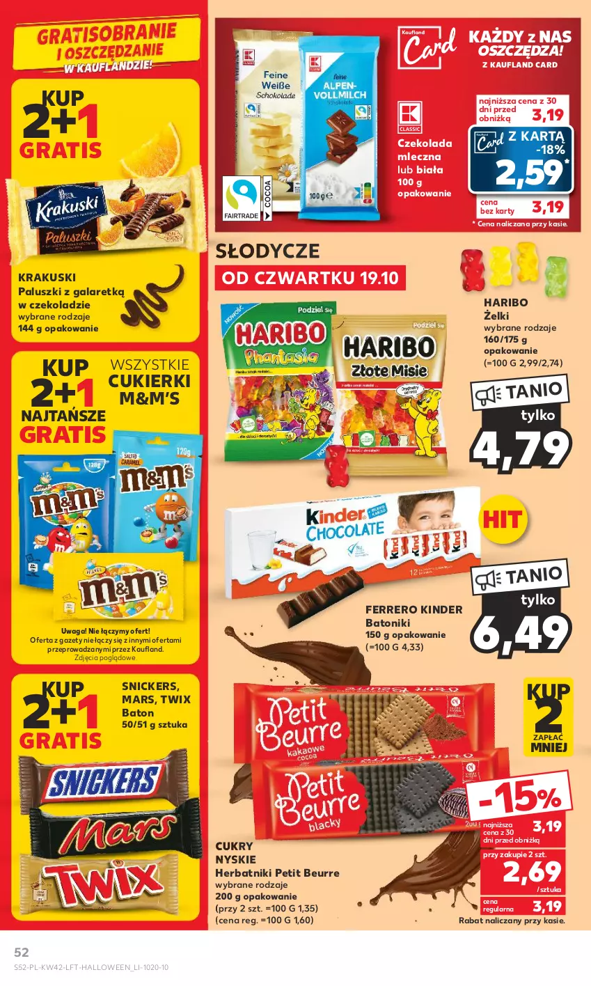 Gazetka promocyjna Kaufland - Gazetka tygodnia - ważna 19.10 do 25.10.2023 - strona 52 - produkty: Baton, Cukier, Cukierki, Czekolada, Czekolada mleczna, Ferrero, Gala, Gra, Haribo, Herbatniki, Herbatniki Petit Beurre, Kinder, Krakus, Krakuski, Mars, Snickers, Tonik, Twix, Waga