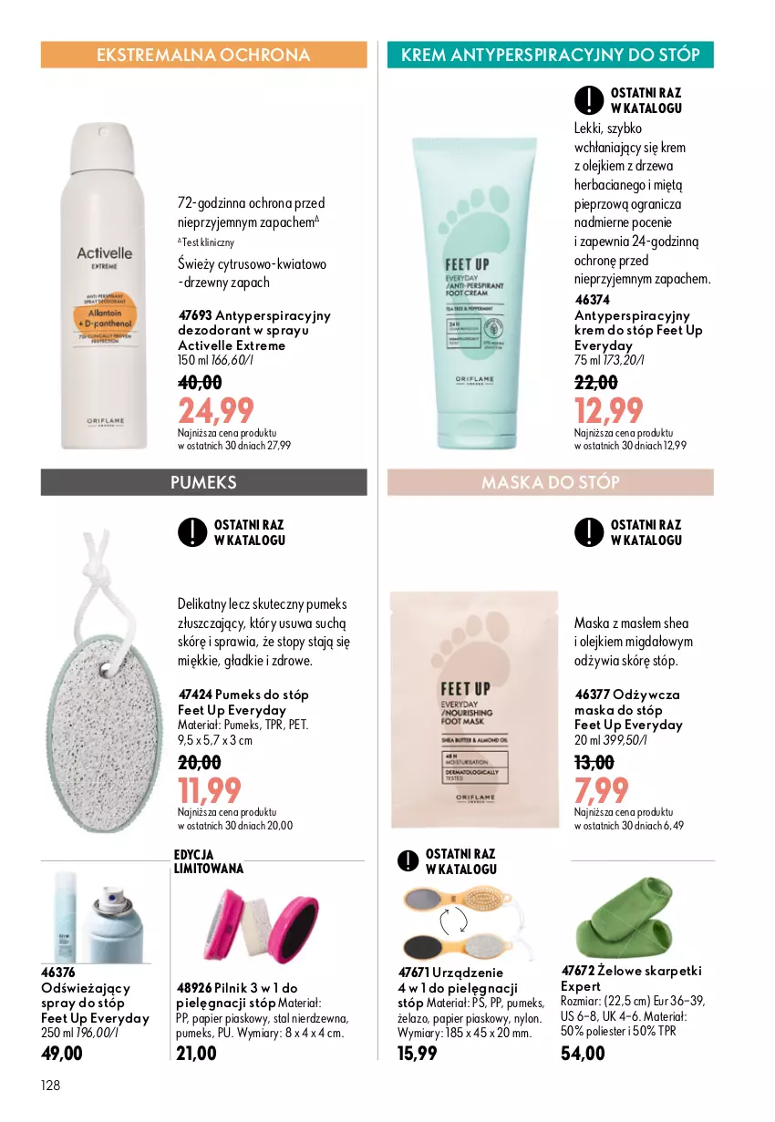 Gazetka promocyjna Oriflame - eKatalog 12 - ważna 19.08 do 08.09.2026 - strona 128 - produkty: Activelle, Dezodorant, Feet Up, Gra, Karp, Krem do stóp, Maska, Maska do stóp, Olej, Papier, Pieprz, Pilnik, Pumeks, Skarpetki, Top