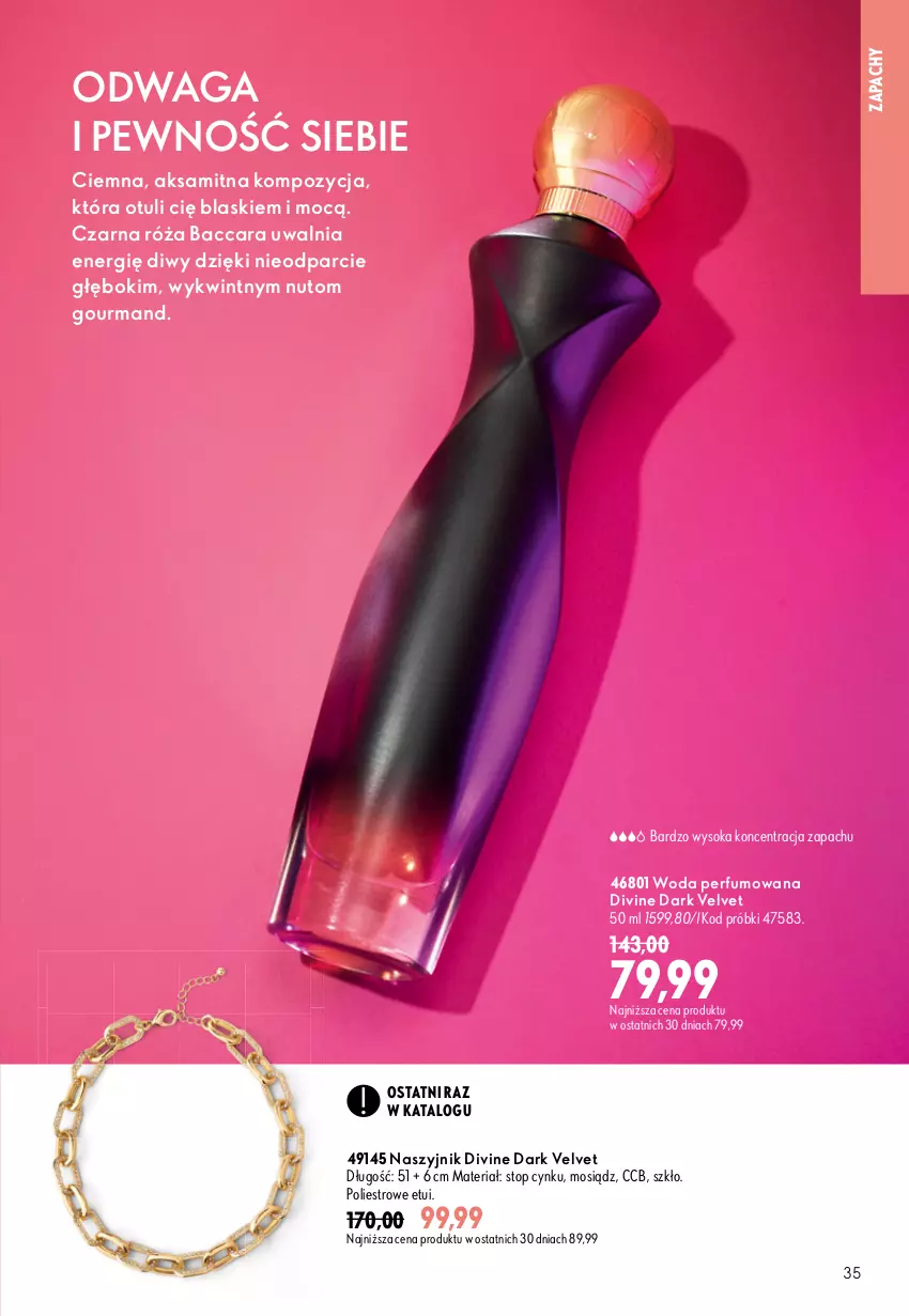 Gazetka promocyjna Oriflame - eKatalog 12 - ważna 19.08 do 08.09.2026 - strona 35 - produkty: Aksam, Cynk, Divine, Naszyjnik, Perfum, Róża, Sok, Top, Velvet, Waga, Woda, Woda perfumowana
