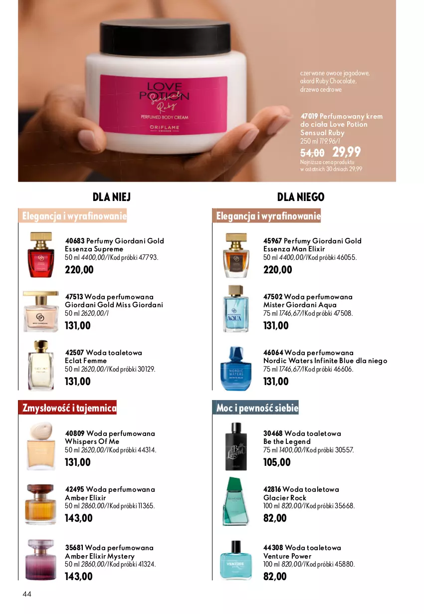 Gazetka promocyjna Oriflame - eKatalog 12 - ważna 19.08 do 08.09.2026 - strona 44 - produkty: Be the Legend, Eclat, Giordani Gold, Krem do ciała, Miss Giordani, Mister Giordani, Owoce, Perfum, Sensual, Woda, Woda perfumowana, Woda toaletowa