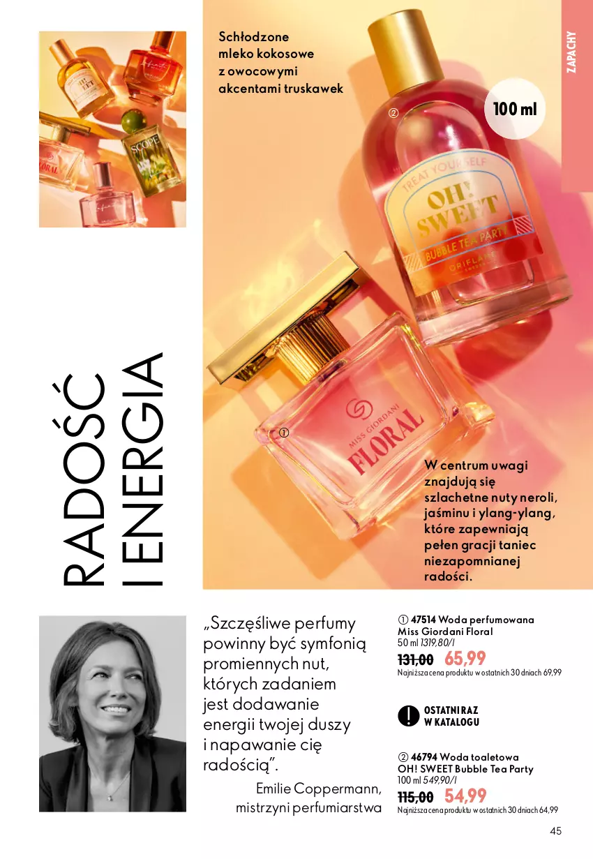 Gazetka promocyjna Oriflame - eKatalog 12 - ważna 19.08 do 08.09.2026 - strona 45 - produkty: Flora, Gra, Kokos, Miss Giordani, Mleko, Mleko kokosowe, Nuty, Perfum, Rum, Wagi, Woda, Woda perfumowana, Woda toaletowa