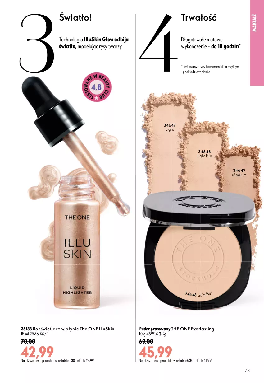 Gazetka promocyjna Oriflame - eKatalog 12 - ważna 19.08 do 08.09.2026 - strona 73 - produkty: Makijaż, Podkład, Puder, Puder prasowany, Rozświetlacz, The ONE