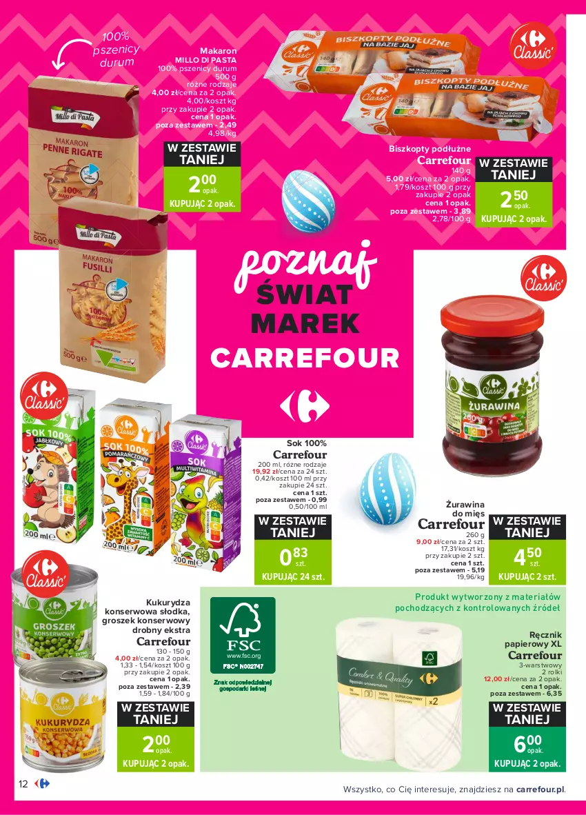 Gazetka promocyjna Carrefour - Gazetka Carrefour - ważna 15.03 do 22.03.2021 - strona 12 - produkty: Biszkopty, Groszek, Kosz, Kukurydza, Kukurydza konserwowa, Makaron, Papier, Ręcznik, Rolki, Rum, Ser, Sok