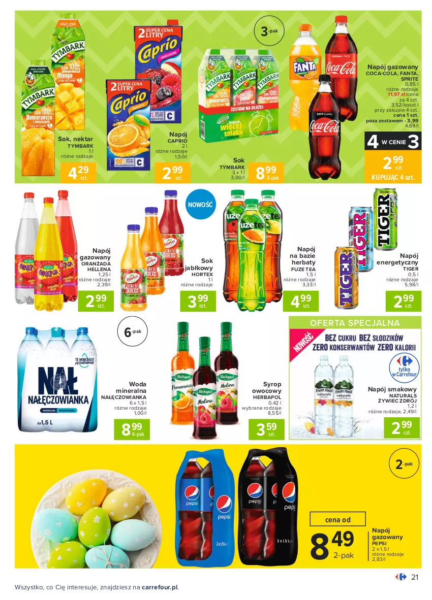 Gazetka promocyjna Carrefour - Gazetka Carrefour - ważna 15.03 do 22.03.2021 - strona 21 - produkty: Coca-Cola, Fa, Fanta, Hellena, Herbapol, Hortex, Kosz, Nałęczowianka, Napój, Napój energetyczny, Napój gazowany, Nektar, Oranżada, Pepsi, Sok, Sok jabłkowy, Sprite, Syrop, Tiger, Tymbark, Woda, Woda mineralna