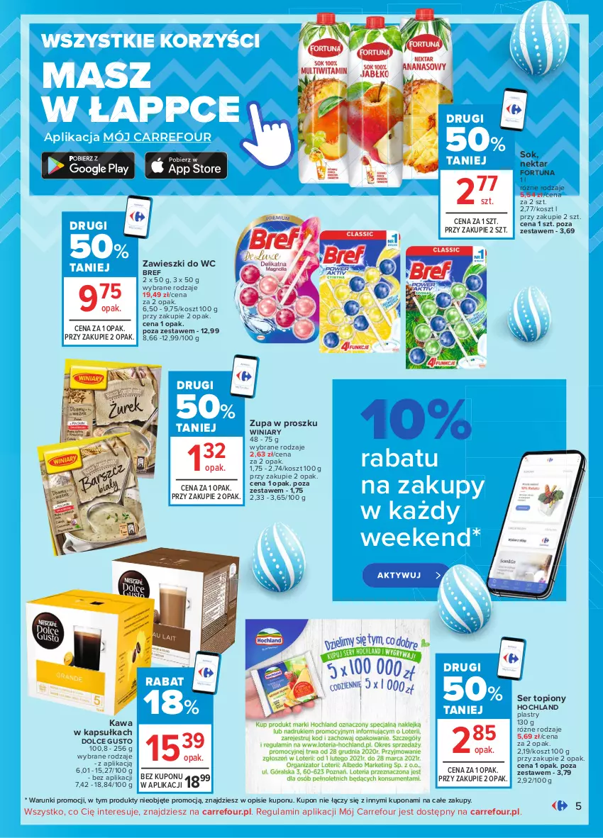 Gazetka promocyjna Carrefour - Gazetka Carrefour - ważna 15.03 do 22.03.2021 - strona 5 - produkty: Bref, Dolce Gusto, Fortuna, Hochland, Kawa, Kosz, Nektar, Ser, Ser topiony, Sok, Top, Winiary, Zawieszki, Zupa