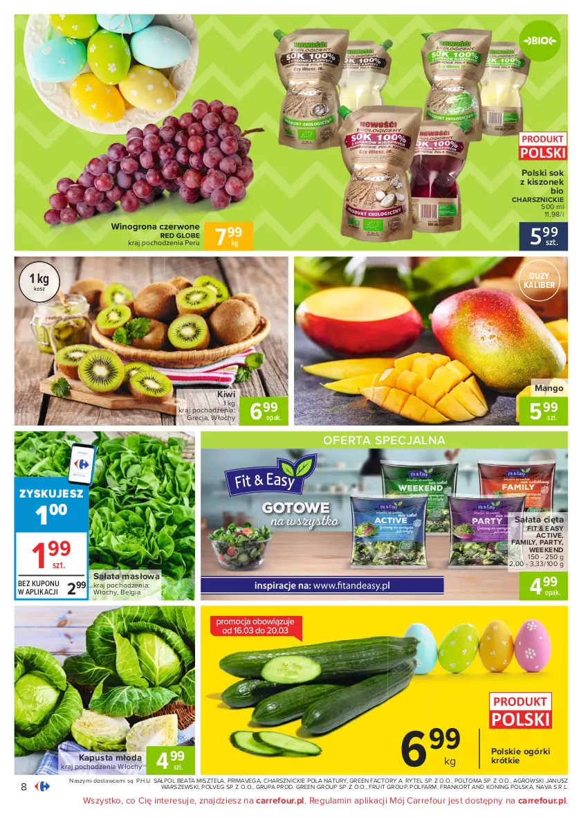 Gazetka promocyjna Carrefour - Gazetka Carrefour - ważna 15.03 do 22.03.2021 - strona 8 - produkty: Fa, Kiwi, Kosz, LG, Mango, Masło, Prima, Sałat, Sałata masłowa, Sok, Wino, Winogrona