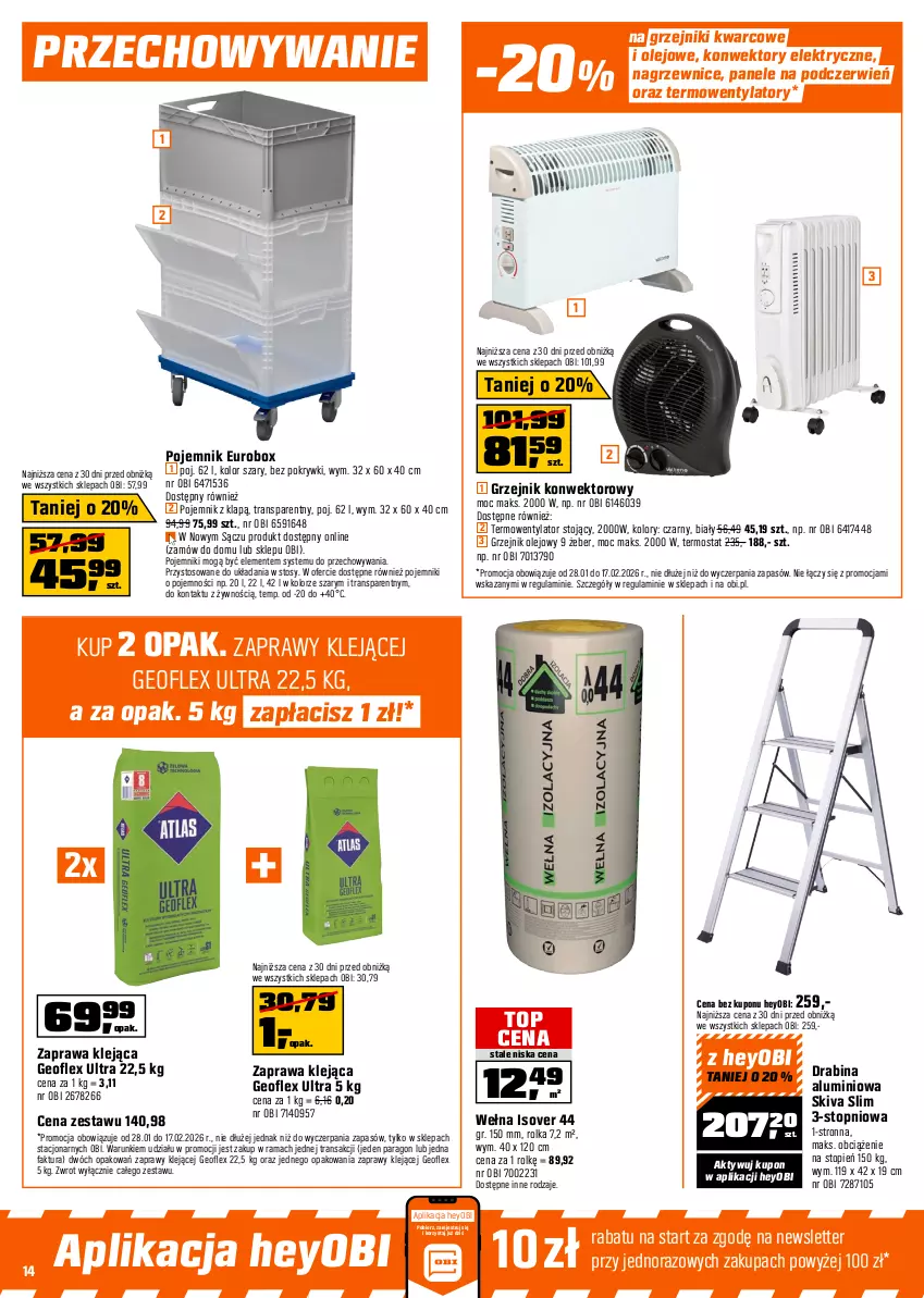 Gazetka promocyjna Obi - Gazetka OBI - ważna 28.01 do 17.02.2026 - strona 14 - produkty: Akumulator, Drabina, Fa, Geoflex, Grzejnik, Grzejnik konwektorowy, Klej, Klucz udarowy, Olej, Pojemnik, Rama, Szlifierka, Szlifierka kątowa, Tarka, Termos, Termowentylator, Top, Torba, Tran, Warka, Wełna, Wełna Isover, Wkręt, Wkrętarka, Wyrzynarka, Zestaw kluczy, Zestaw narzędzi