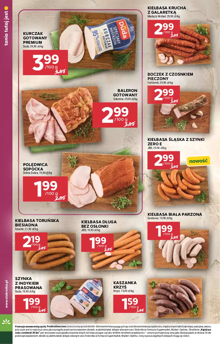 Gazetka promocyjna Stokrotka - Market - ważna 02.06 do 10.06.2026 - strona 10 - produkty: Boczek, Duda, Gala, Kasza, Kaszanka, Kiełbasa, Kiełbasa biała, Kiełbasa krucha, Kiełbasa śląska, Kurczak, Kurczak gotowany, Mięso, Optima, Owoce, Piec, Polędwica, Sok, Sokołów, Szynka, Warzywa