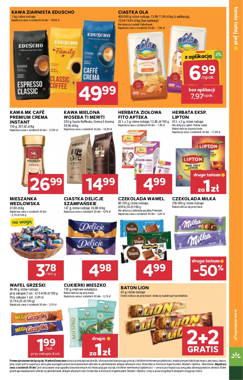 Gazetka promocyjna Stokrotka - Market - ważna 02.06 do 10.06.2026 - strona 17 - produkty: Apteka, Baton, Ciastka, Cukier, Cukierki, Czekolada, Delicje, Gra, Grześki, Herbata, Kawa, Kawa mielona, Kawa ziarnista, Lion, Lipton, Mięso, Mieszanka wedlowska, Milka, Optima, Owoce, Stek, Warzywa, Wawel, Woseba
