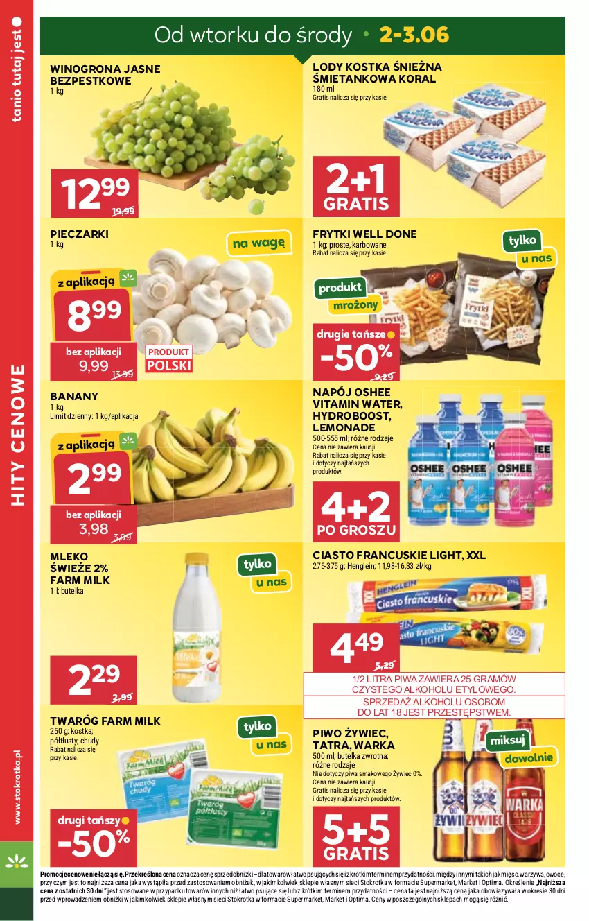 Gazetka promocyjna Stokrotka - Market - ważna 02.06 do 10.06.2026 - strona 2 - produkty: Banany, Ciasto francuskie, Fa, Farm Milk, Frytki, Gra, Lody, Mięso, Mleko, Napój, Optima, Oshee, Owoce, Piec, Piwa, Piwo, Tatra, Twaróg, Warka, Warzywa, Wino, Winogrona