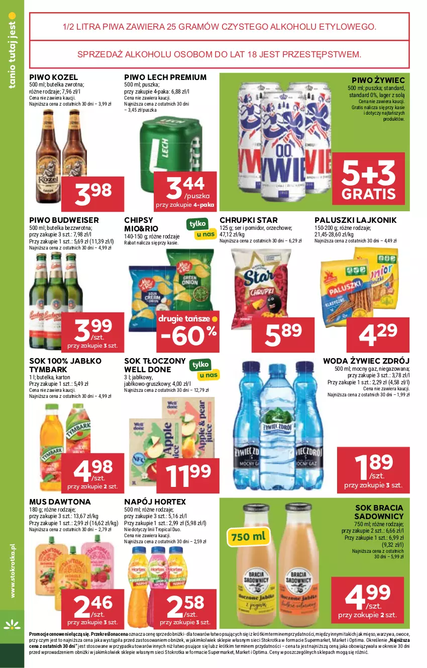 Gazetka promocyjna Stokrotka - Market - ważna 02.06 do 10.06.2026 - strona 22 - produkty: Chipsy, Chrupki, Dawtona, Gra, Hortex, Kozel, Lajkonik, Lech Premium, Mięso, Mus, Napój, Optima, Owoce, Piwa, Piwo, Ser, Sok, Tropical, Tymbark, Warzywa, Woda