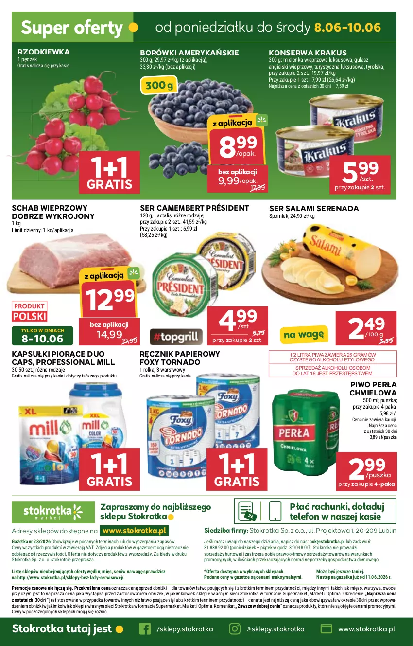 Gazetka promocyjna Stokrotka - Market - ważna 02.06 do 10.06.2026 - strona 30 - produkty: Camembert, Dres, Foxy, Gra, JBL, Krakus, Mięso, O nas, Optima, Owoce, Papier, Perła, Piwa, Piwo, Président, Ręcznik, Rzodkiewka, Salami, Schab wieprzowy, Ser, Ser salami, Telefon, Wagi, Warzywa