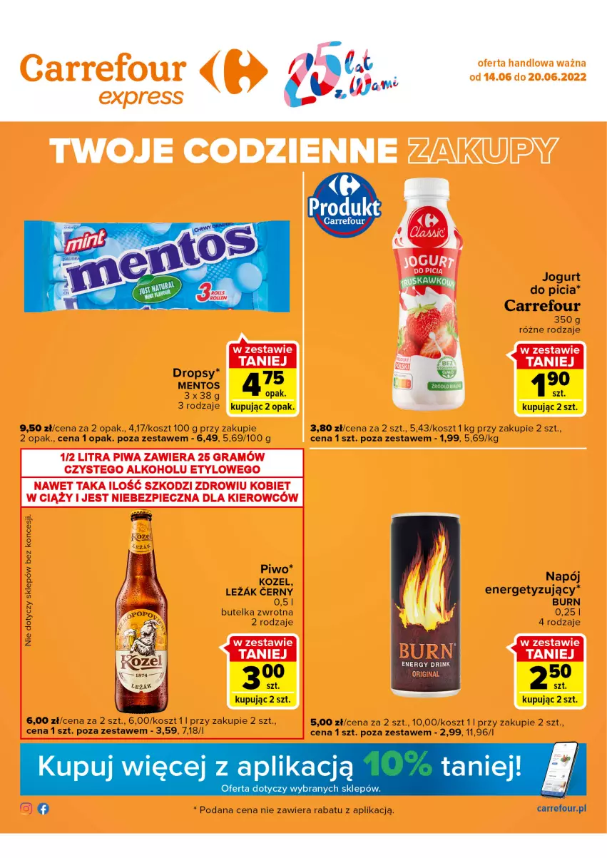 Gazetka promocyjna Carrefour - Gazetka Express - ważna 14.06 do 20.06.2022 - strona 1 - produkty: Gin, Jogurt, Kosz, Kozel, Mentos, Napój, Piwo