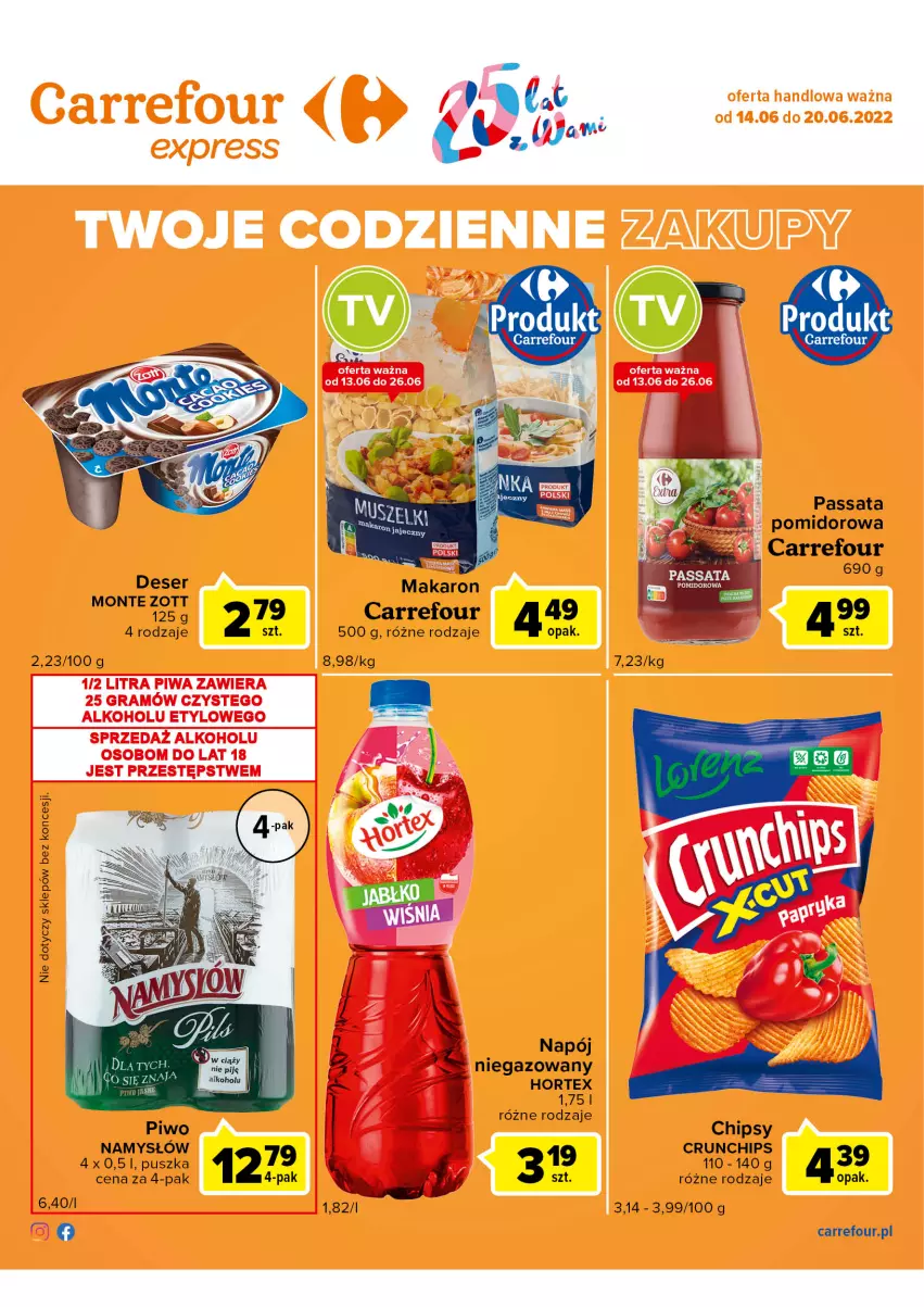 Gazetka promocyjna Carrefour - Gazetka Express - ważna 14.06 do 20.06.2022 - strona 2 - produkty: Chipsy, Crunchips, Hortex, Makaron, Monte, Namysłów, Napój, Napój niegazowany, Zott