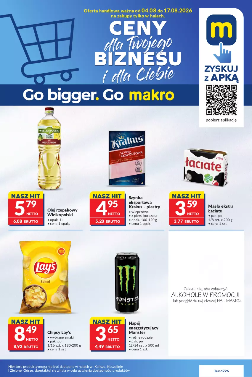 Gazetka promocyjna Makro - Mega oferty dla Twojego Sklepu - ważna 04.08 do 17.08.2026 - strona 1 - produkty: Alkohole, Chipsy, Gra, JBL, Kosz, Krakus, Kurczak, Lay’s, Masło, Napój, Olej, Olej rzepakowy, Piwo, Por, Sport, Szal, Szynka