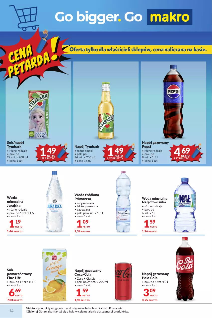 Gazetka promocyjna Makro - Mega oferty dla Twojego Sklepu - ważna 04.08 do 17.08.2026 - strona 14 - produkty: Coca-Cola, Kosz, LANA, Nałęczowianka, Napój, Napój gazowany, Pepsi, Prima, Primavera, Sok, Sok pomarańczowy, Szal, Tymbark, Woda, Woda mineralna