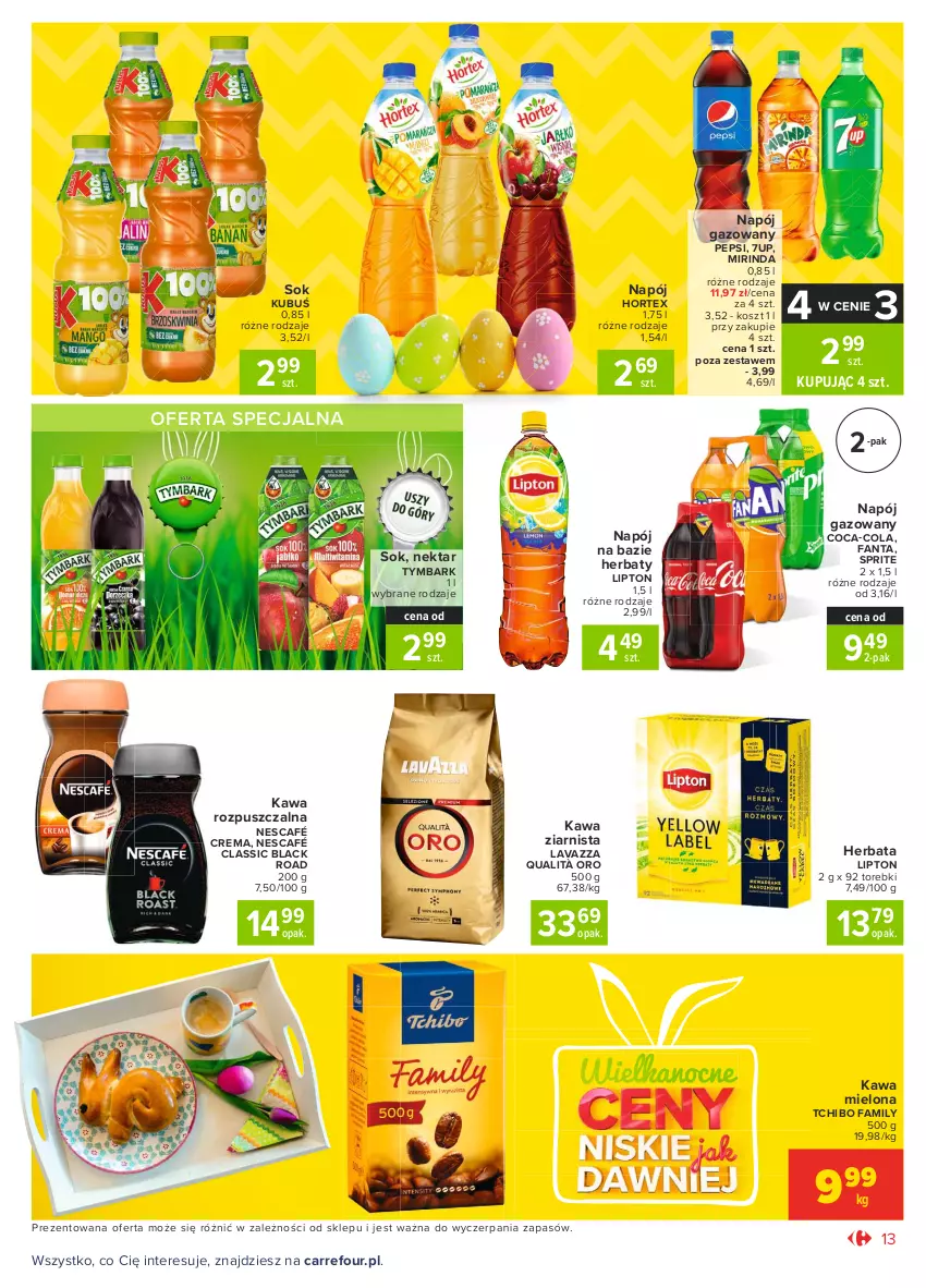 Gazetka promocyjna Carrefour - Gazetka Market - ważna 22.03 do 27.03.2021 - strona 13 - produkty: 7up, Coca-Cola, Fa, Fanta, Herbata, Hortex, Kawa, Kawa mielona, Kawa rozpuszczalna, Kawa ziarnista, Kosz, Kubuś, Lack, Lavazza, Lipton, Mirinda, Napój, Napój gazowany, Nektar, Nescafé, Pepsi, Sok, Sprite, Tchibo, Tchibo Family, Tymbark